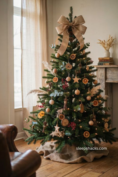 natural burlap ribbon Christmas tree topper ideas 