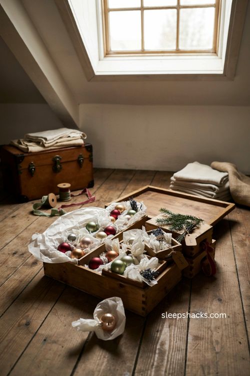 nesting wooden crates for Christmas ornament storage with tissue paper vintage glass decorations and rustic attic decor 