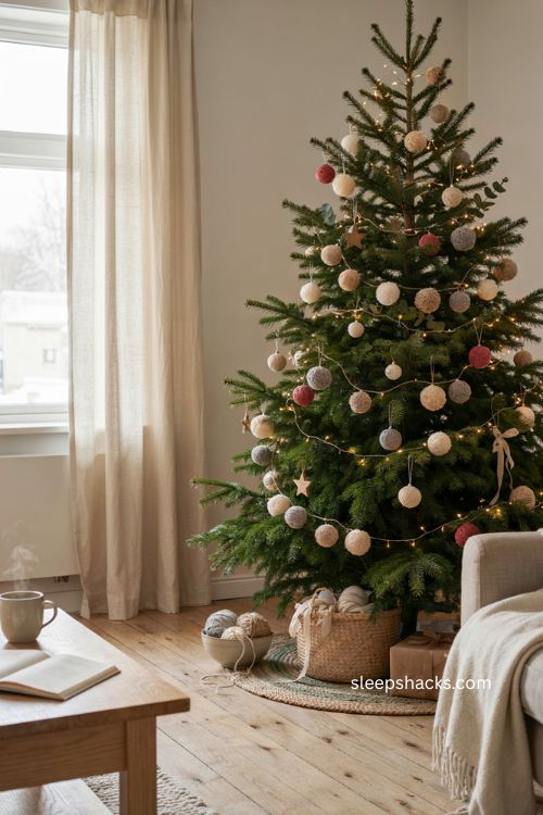 neutral pom pom garland with colorful accents on a christmas tree 