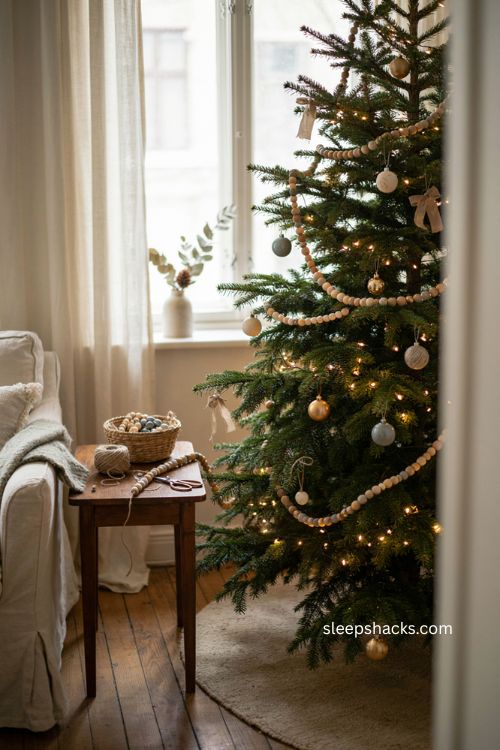 neutral wood bead garland on a cozy boho christmas tree 