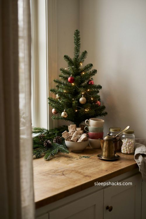 office break room christmas decor with mugs garland and hot cocoa station 