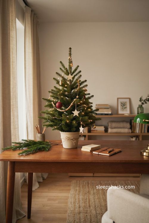 office christmas decorations with a small festive tree on the reception desk 