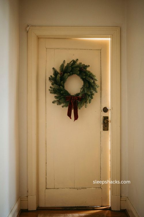 office christmas door decor with a simple evergreen wreath and ribbon 