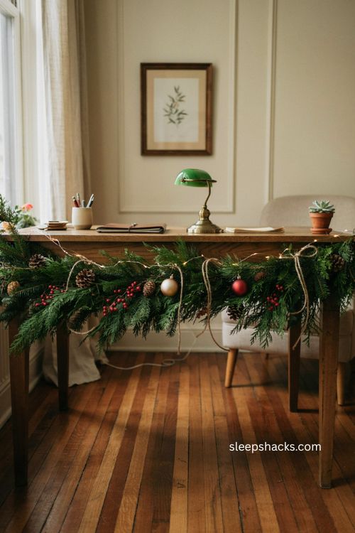 office christmas garland decor with pinecones berries and warm lights 