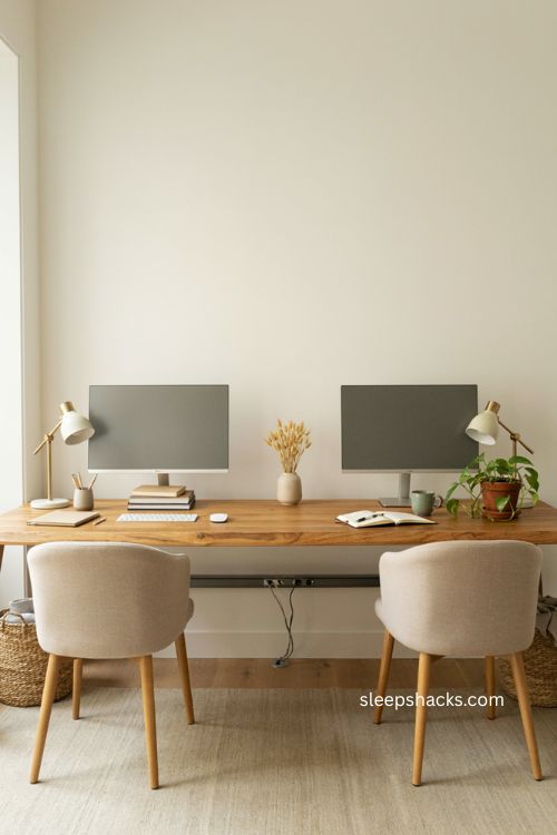 one long desk for two in a warm shared home office with open workspace