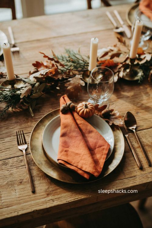 orange napkin dollar tree thanksgiving table setting with cream plates and gold chargers 