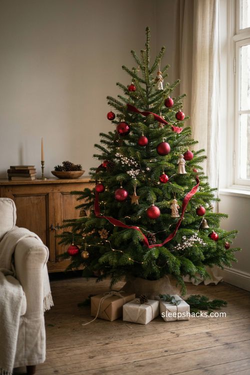 oversized red ball ornaments on Christmas tree for a bold festive look 