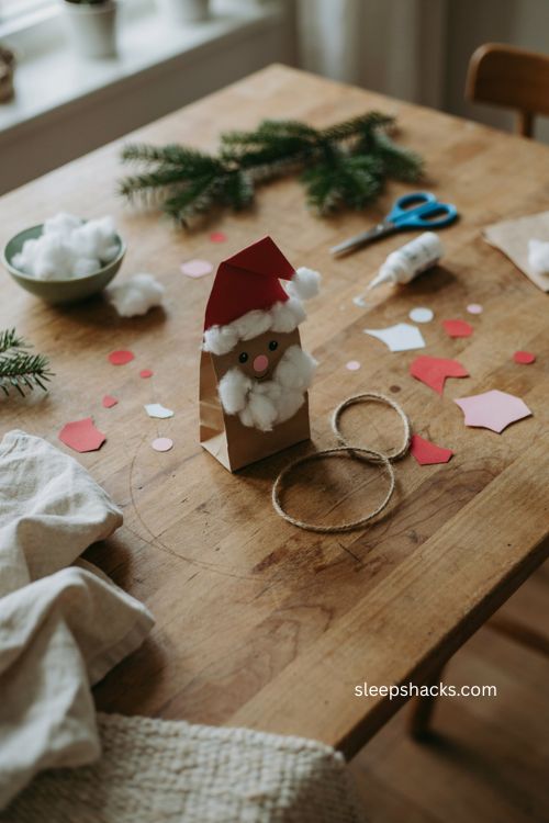 paper bag santa puppet christmas craft for toddlers with cotton ball beard red hat and paper details 