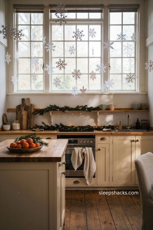 paper snowflake christmas window decorations in a cozy kitchen 