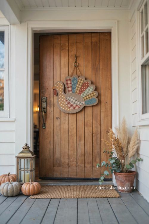 patchwork turkey door hanger with quilted feathers and cozy farmhouse Thanksgiving porch decor