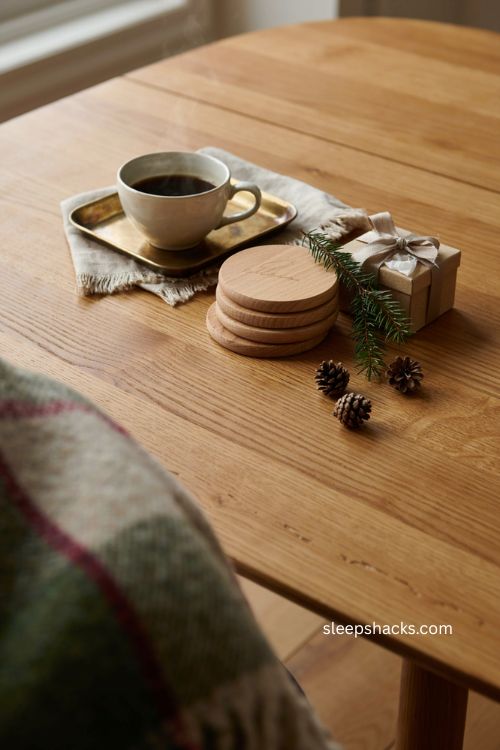 personalized Christmas client gift with acacia wood coasters and cozy coffee table holiday decor 