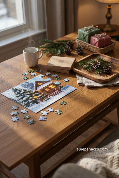 personalized Christmas client jigsaw puzzle gift with cozy holiday living room and thoughtful branding 