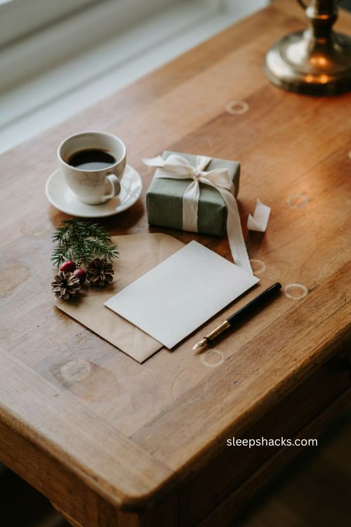 personalized Christmas client thank you card with premium paper thoughtful gift and cozy holiday desk