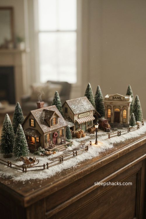 personalized snow village display with meaningful miniature buildings and cozy christmas lights 