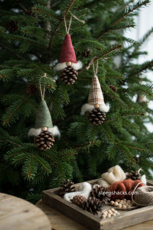 pinecone gnome ornaments woodland christmas tree decor handmade rustic diy craft 