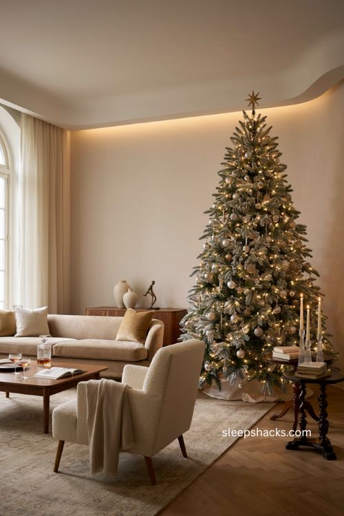 platinum Christmas tree with elegant luxury holiday decor in a living room 
