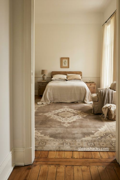 plush wool rug and warm flooring ideas for a cozy main bedroom