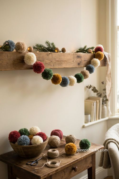 pom pom Christmas garland with colorful yarn balls and cozy mantel decor 
