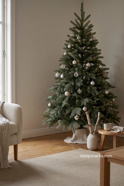 pre lit silver pop up Christmas tree with warm white lights and cozy decor 