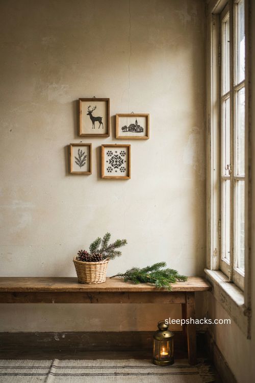 primitive Christmas Scherenschnitte silhouette art on farmhouse entryway wall