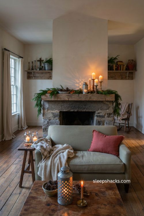 primitive Christmas decor with flameless candles in punched tin lanterns mason jars and rustic candle holders 