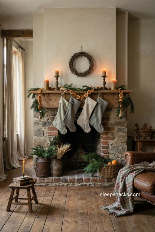 primitive Christmas decorating ideas with dried oranges homespun fabric and rustic greenery 