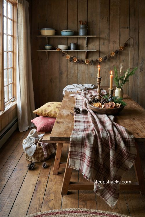 primitive Christmas farmhouse table with homespun plaid textiles pinecones and dried fruit 