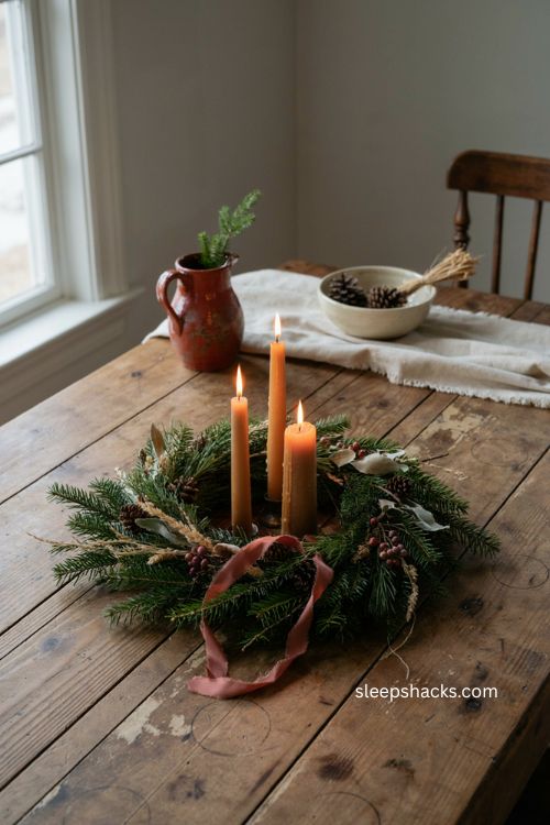 primitive Christmas greenery wreath candle ring centerpiece with muted ribbon dried florals and berries 