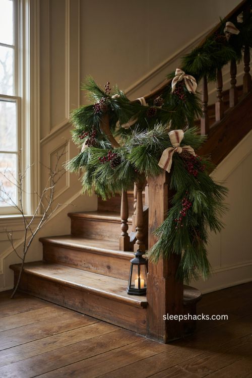 primitive Christmas long needle pine garland on rustic staircase with berries and pinecones 
