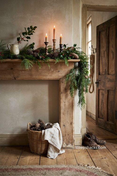 primitive Christmas mantel with fresh evergreen branches holly berries and pinecones 