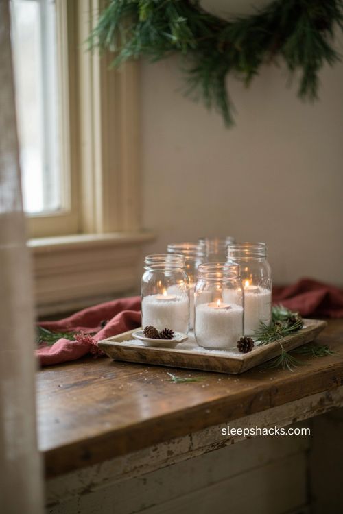 primitive Christmas mason jar snow display with salt and candlelight 