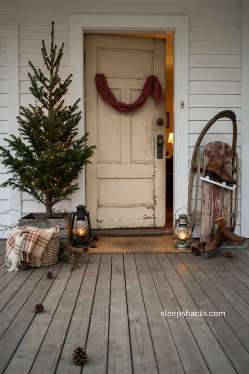primitive Christmas porch with vintage sled ice skates lanterns and lighted tree 