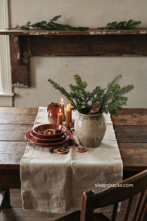 primitive Christmas redware and stoneware pottery with evergreen stems cinnamon sticks and homespun decor 