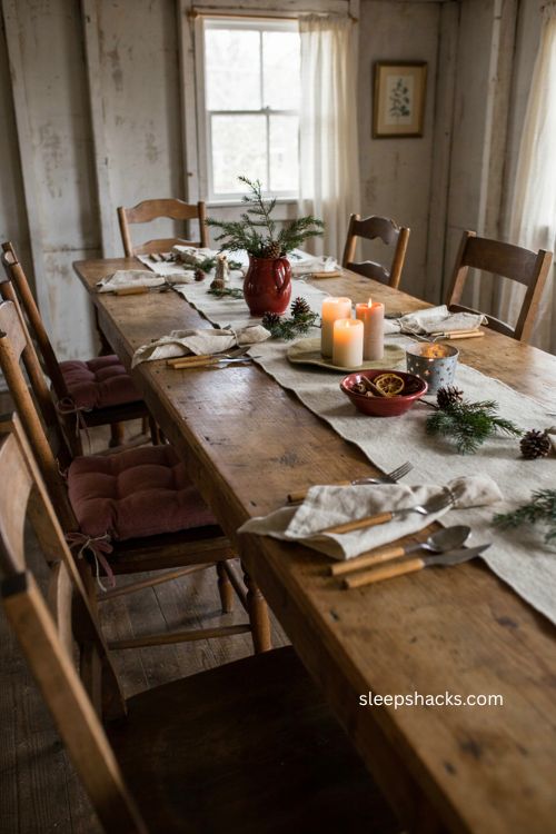 primitive Christmas tablescape with wool felt runner candle mat stoneware and rustic farmhouse decor 