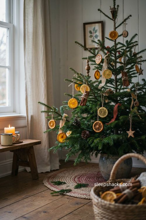 primitive Christmas tree with dried orange apple lemon ornaments and cinnamon sticks 