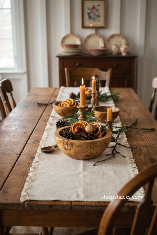 primitive Christmas wooden bowl centerpiece with pinecones dried oranges and treenware 
