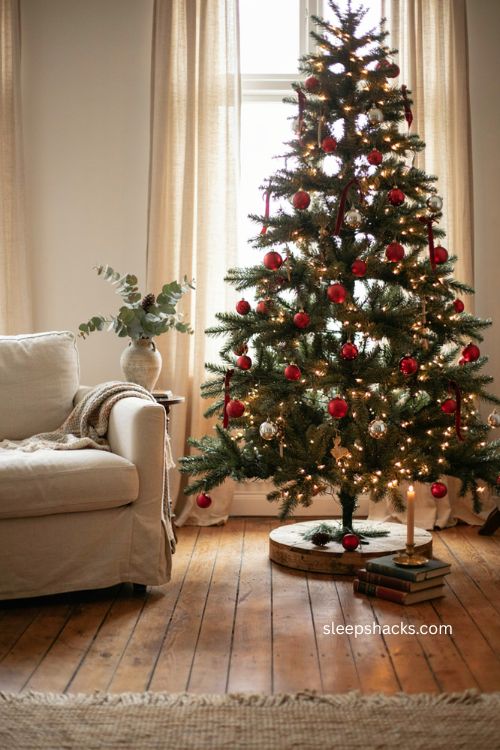 red and silver Christmas tree with matte red ornaments and warm white lights