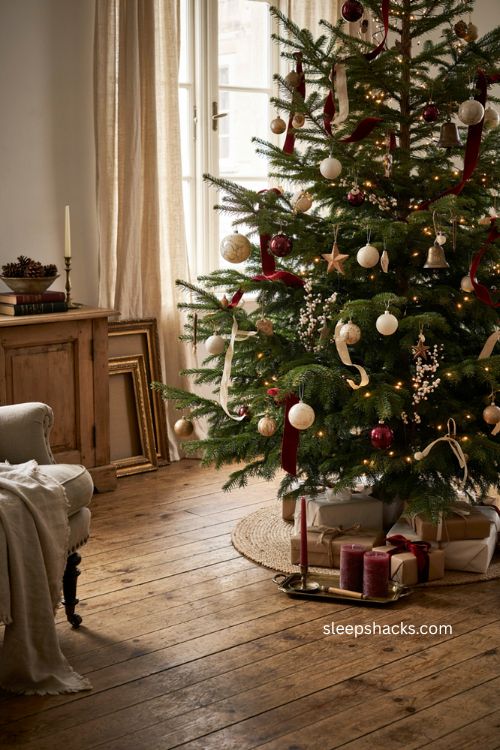 red and white Christmas tree ideas with warm vintage holiday decor 