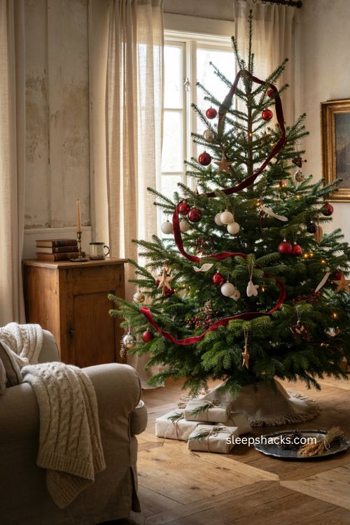 red and white Christmas tree with clustered ornaments and vintage charm 