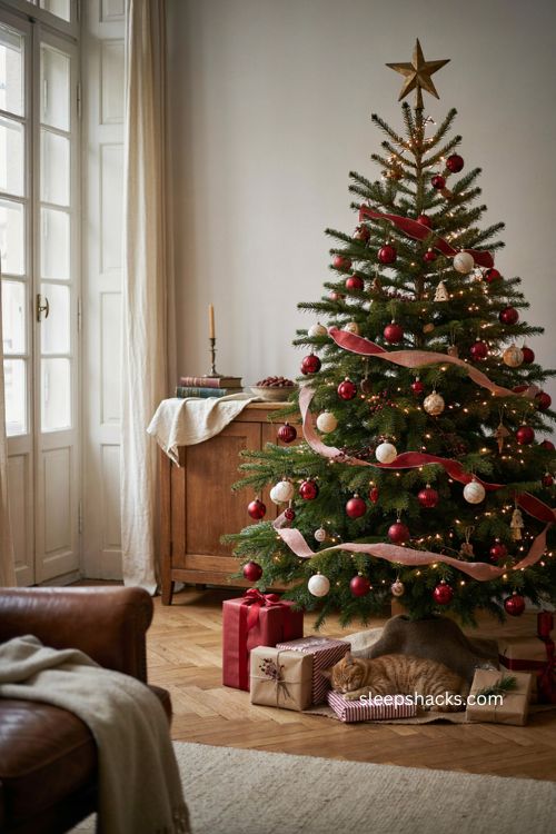 red and white Christmas tree with matching wrapped gifts and ribbon 