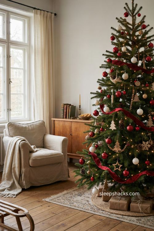 red and white Christmas tree with natural wood ornaments for warmth 