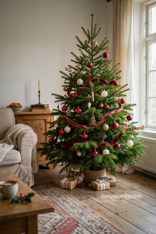 red and white Christmas tree with pine sprigs and berry picks for texture 