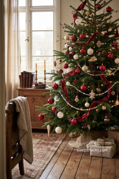 red and white Christmas tree with subtle crystal beaded garland 