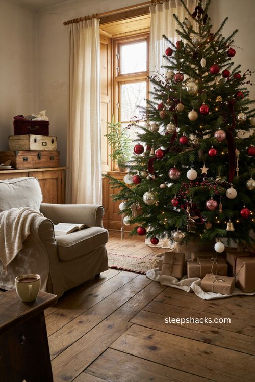 red and white Christmas tree with vintage and new ornaments 
