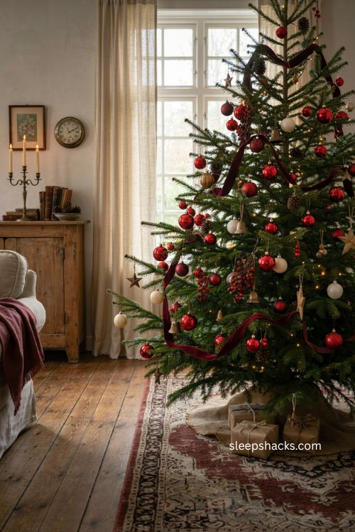 red white and burgundy Christmas tree with layered holiday decor 