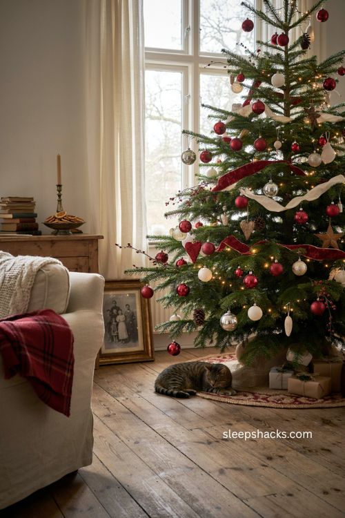 red white and silver Christmas tree with subtle metallic accents 