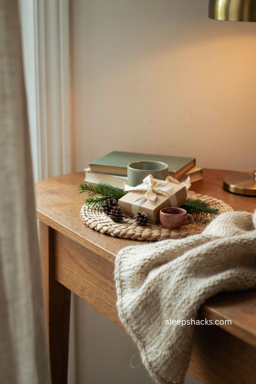 relaxing Christmas client gift with scented candle soft throw blanket and cozy home office decor 