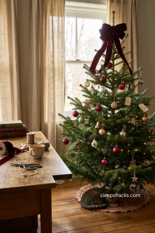 One click copy title: ribbon tree topper ideas with a large velvet bow on a vintage christmas tree 