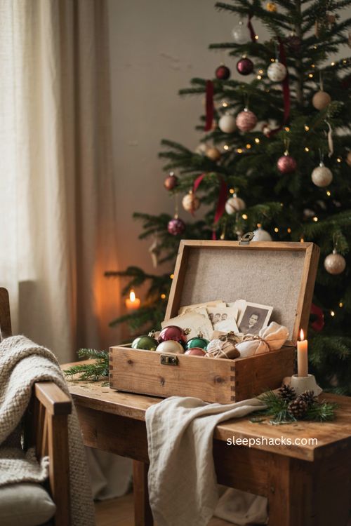 rustic Christmas keepsake box with vintage ornaments old cards photographs and felt lining 