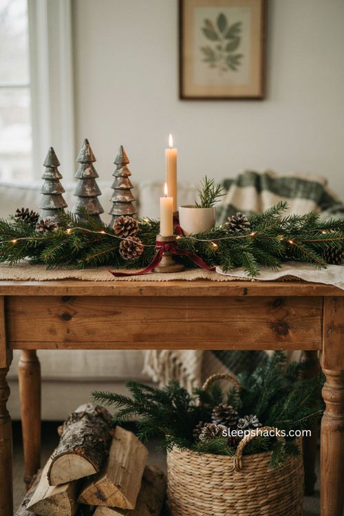 rustic farmhouse Christmas sofa table decor with burlap garland pinecones and wood
